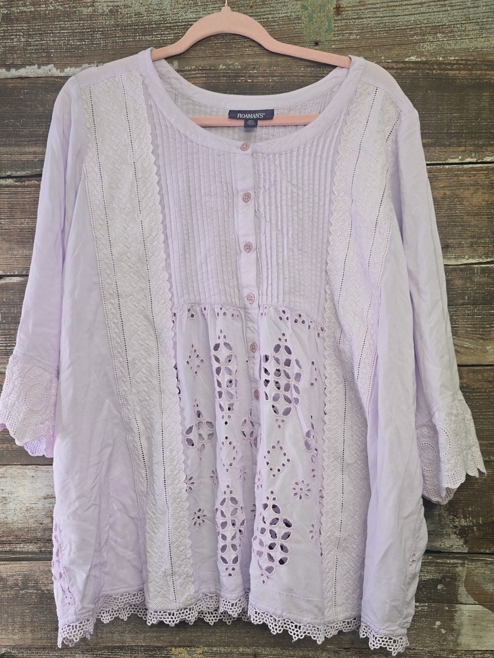 Roaman's Lavender Lace-Trim Pintuck Blouse, Size 20W